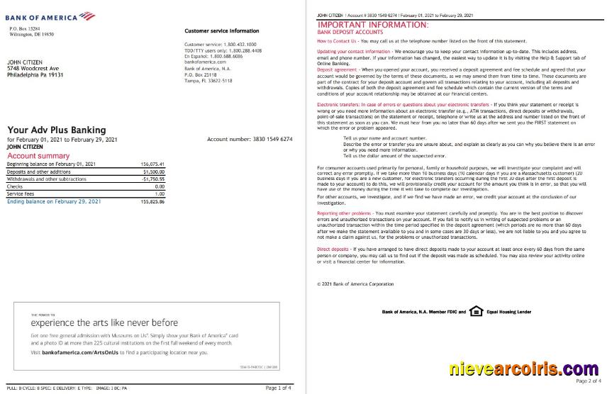 USA Bank of America bank statement in Excel and PDF format (4 pages), version 3
